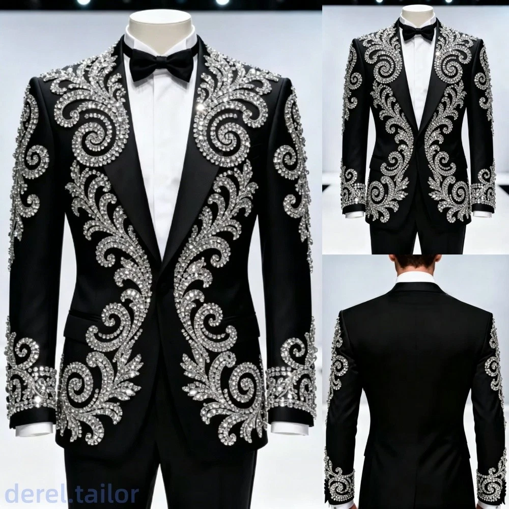 Luxury Men's Suit Handmade Rhinestone Slim Fit Blazer for Wedding Prom Party