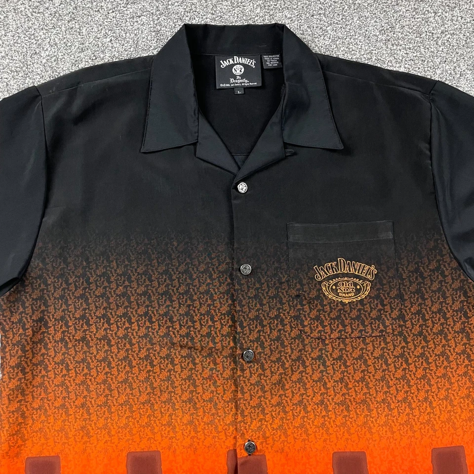 Vtg Jack Daniels Shirt Men Large Black Loop Collar Camp Whiskey Dragonfly Y2K 03 - Image 2 of 4
