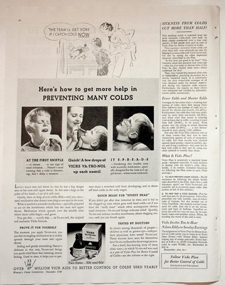 Vicks Va-Tro-Nol 1936 Original Print Advertisement Cold Prevention