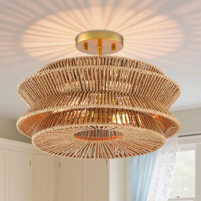 Boho Coastal Rattan Semi Flush Mount Ceiling Light for Bedroom & Kitchen