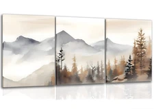 Neutral Mountain Wall Art Set of 3, Forest Landscape Canvas Artwork Modern Pi...