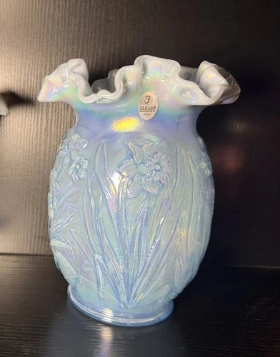 1997 Fenton Misty Blue Iridescent  Glass Ruffled Opalescent Vase Daffodil Vtg