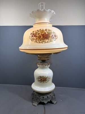 Vintage Quoizel Lamp Floral White Yellow Milk Glass Table Lamp Large