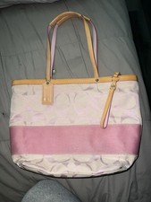 Coach Pink/Tan Signature Logo Zip Top Medium Tote Double Handles, Pockets