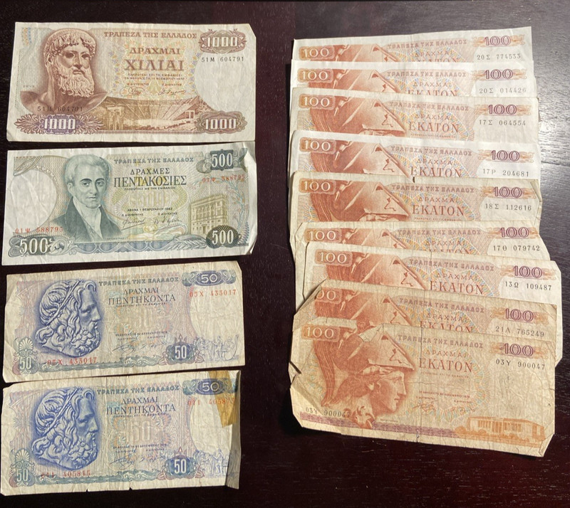 Greek Drachma banknotes  1x1000 (1970), 1x 500 (1983), 2x50 (1978), 9x 100(1978)