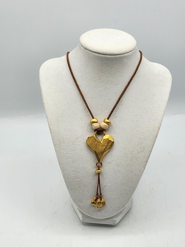 Gold Heart & Beaded Pendant Necklace on Brown Leather Cord. 40"L Adjustable - Picture 12 of 12