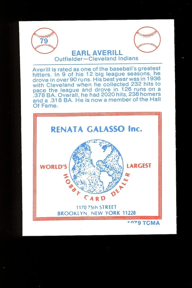 1979 TCMA Renata Galasso #79 Earl Averill Cleveland Indians - Image 2 of 2