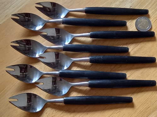Vintage Set of 8 KN ROSTFR SWEDEN 3-in-1 Cocktail Forks, 1950-60s.