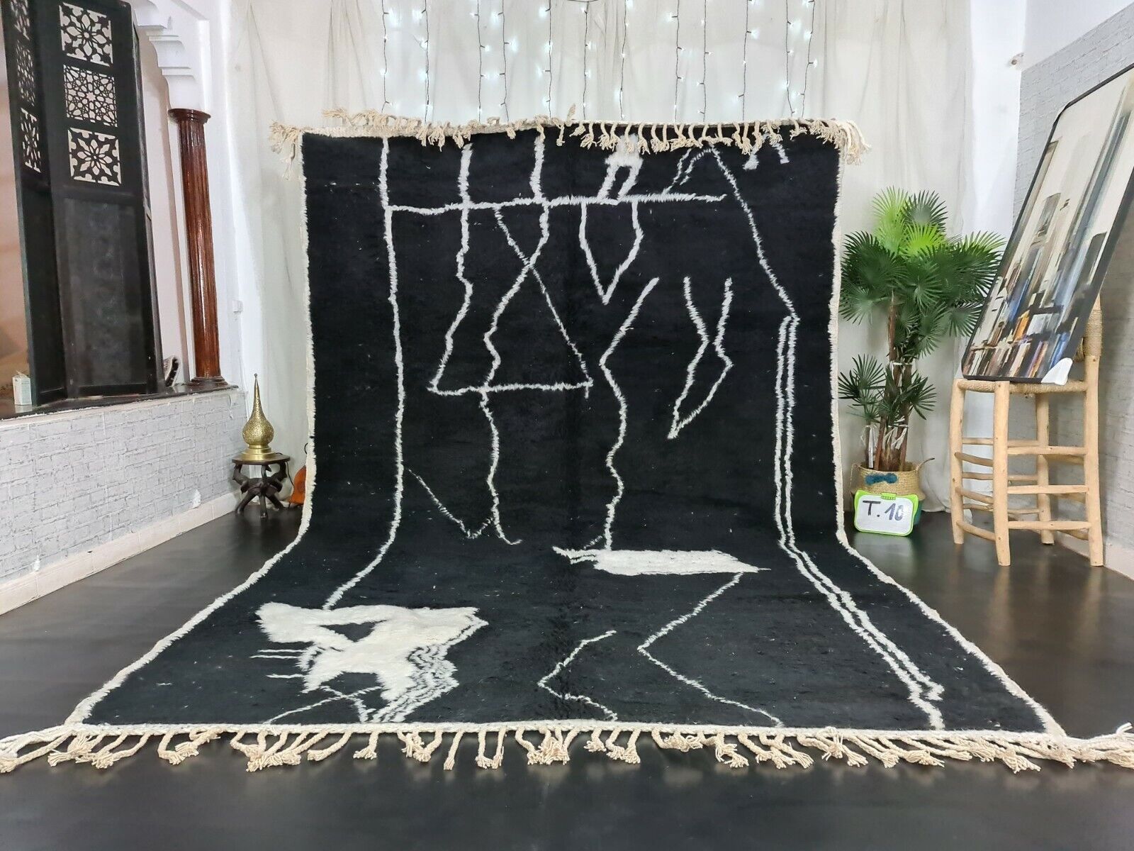 Moroccan Handmade Beni Ourain Rug 7'9x11'9 Abstract Black White Wool Berber Rug 