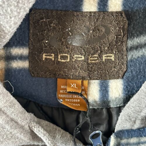 Roper Hooded Vest Men XL Heavy Full Zip Diamond Quilted Lining Blue Plaid - Picture 4 of 6