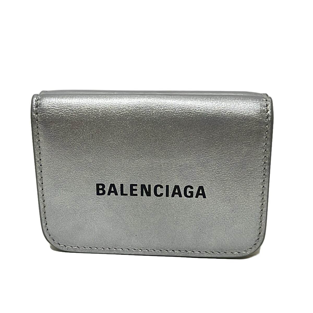 Auth BALENCIAGA Cash Mini Wallet - Silver Leather Trifold Wallet  