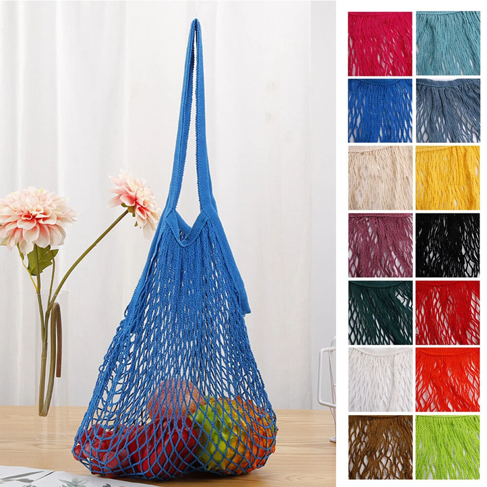 Portable Washable Cotton Mesh String Handbag Long Handle Net Tote Shopping Bags- - Image 3 of 4