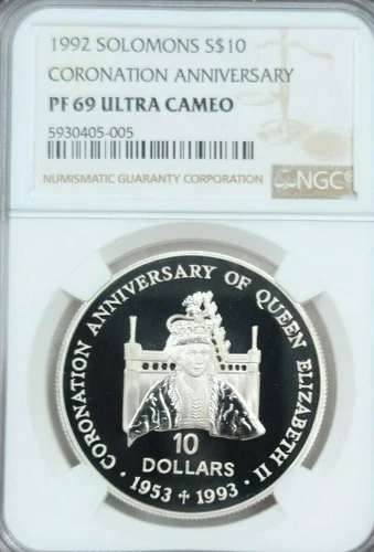 1992 SOLOMON ISLANDS SILVER 10 DOLLARS CORONATION ANNIV NGC PF 69 ULTRA CAMEO