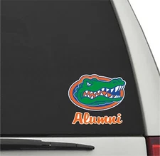 Florida Gators ALUMNI in ORANGE SCRIPT w/ Gator Head Vinyl Decal UF Sticker