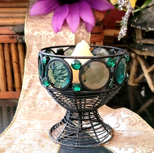 Glass Crytals Intricate Metal Cage Candle Holder Emerald Green Vintage 