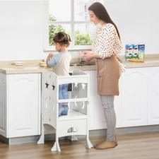 Kids Kitchen Step Stool Ladder Folding Toddler Tower w/ Chalkboard, White