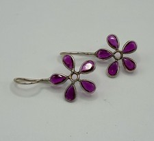 Cute Sterling Silver 925 Pink Floral Flower Dangle  Hook Pierced Earrings
