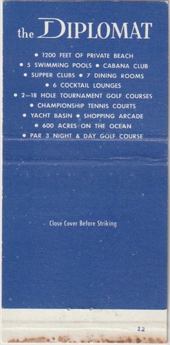 The Diplomat HOLLYWOOD-BY-THE-SEA, FLORIDA Bobtail Matchbook Cover - Picture 2 of 2