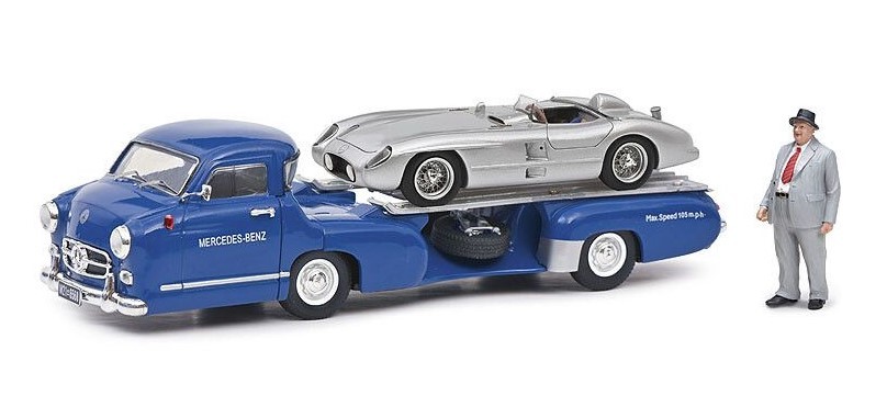 Camion Mercedes porte-voiture bleu Schuco 1:43 avec 300 SLR grise et figurine