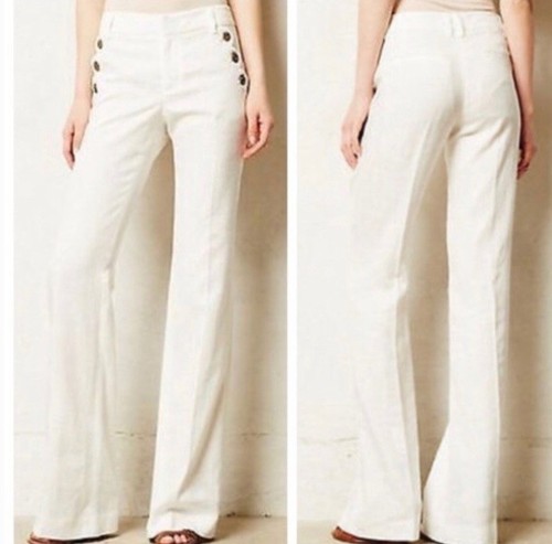 Elevenses Brighton Pants Womens 4 White Linen Sailor Nautical Wide Leg Scalloped