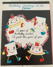 Unique Bday Greetings to TWINS, Cakes & Cards ANTHROPOMORPHIC Vtg Birthday Card