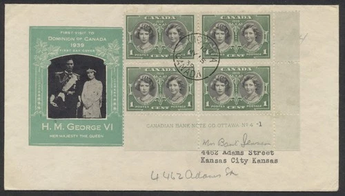 1939 #246 1c Royal Visit FDC Plate Block Green Ioor Cachet Victoria CANADA  CDS