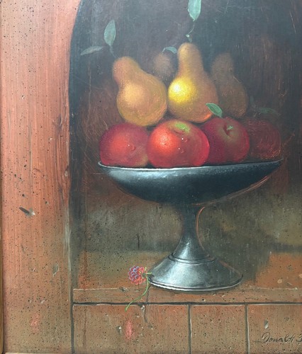 Vintage DONALD F ALLAN 'Still Life w APPLES & PEARS' Tromp L'oiel OIL PAINTING - Picture 10 of 12