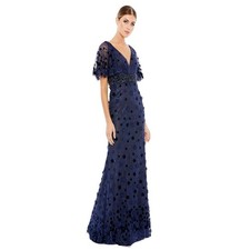 MAC DUGGAL 67712 Dark Blue Beaded Floral Lace Cape Short Sleeve Dress Size 16