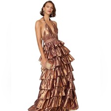 LoveShackFancy- Bexlie Halter Dress Elegant Metallic Tiered Gown Size Medium