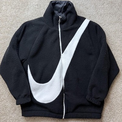 Nike Fleece Jacket Mens XS Black Full Zip Big Swoosh Logo Sherpa Lined