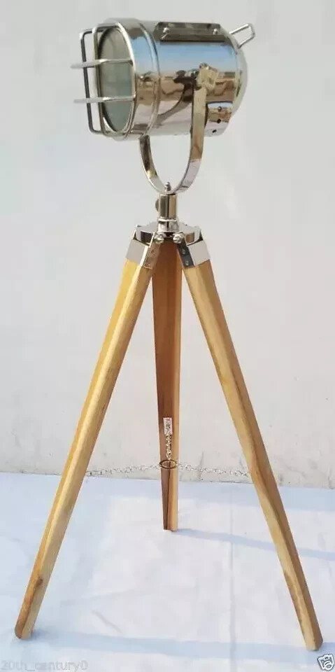 Vintage Marine Chrome Searchlight with Teak Wood Tripod Nautical Floor Lamp