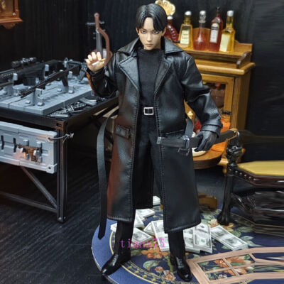 1/12 Scale Trench Black Leather Long Coat Windbreaker Model for 6'' Action Figure