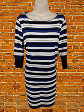 WOMENS M S SIZE UK 16 BLUE STRIPE 3/4 ZIP SLEEVE SHIFT DRESS MINI KNEE LENGTH
