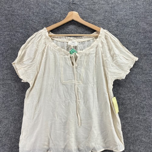 New Flower & Feather Blouse Women XL Beige Tasseled Round Neck Short Sleeve - 第 3/10 張圖片