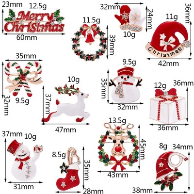 Christmas Tree Deer Snowman Bell Brooch Pin Crystal Santa Claus Xmas Party Gift。
