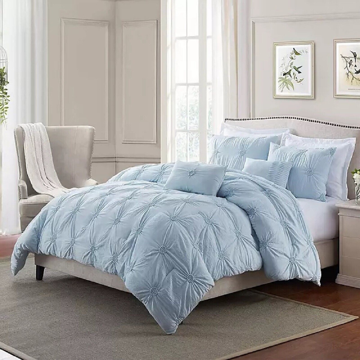 Ultra Plush Floral Pintuck Comforter Set Baby Blue Full/Queen