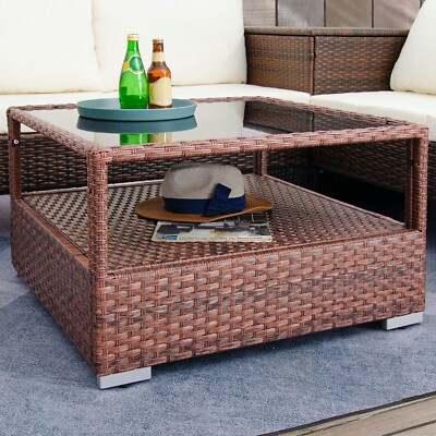DIMAR GARDEN Patio Wicker Coffee Table with Glass top and Storage, Mixed Brown