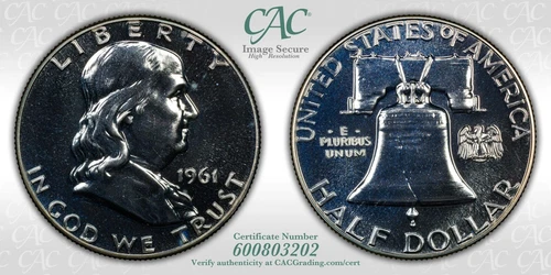 1961 P Franklin Silver Proof Half Dollar - CACG PR65