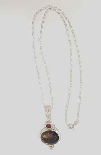 Vtg Smoky Quartz Garnet Sterling Silver Pendant Necklace 24" Chain Chunky Artist - Picture 14 of 22