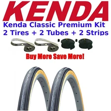 2-Pack KENDA Classic K35 Gumwall Kit 27" x 1-1/4" Bike Tires Tubes + Rim Strips