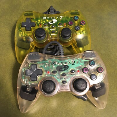 Nyko Omega 2 Clear & Yellow Controllers-Lot(2)/Retro/Tested (PlayStation 2, PS2)