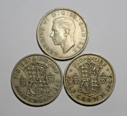 GREAT BRITAIN : THREE HALF CROWNS 1947, 1948 & 1949. FREE SHIPPING.