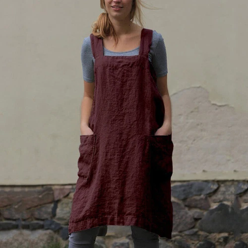 Damen Baumwolle Leinen Rückenschürze Kleid Damen Locker Hausmann Kochen Florist Neu - Bild 14 von 23