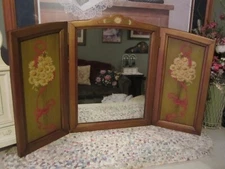 Vtg Tri Fold Vanity Mirror Hand Painted Floral Wood Panels ( 35" x 19" Tall )