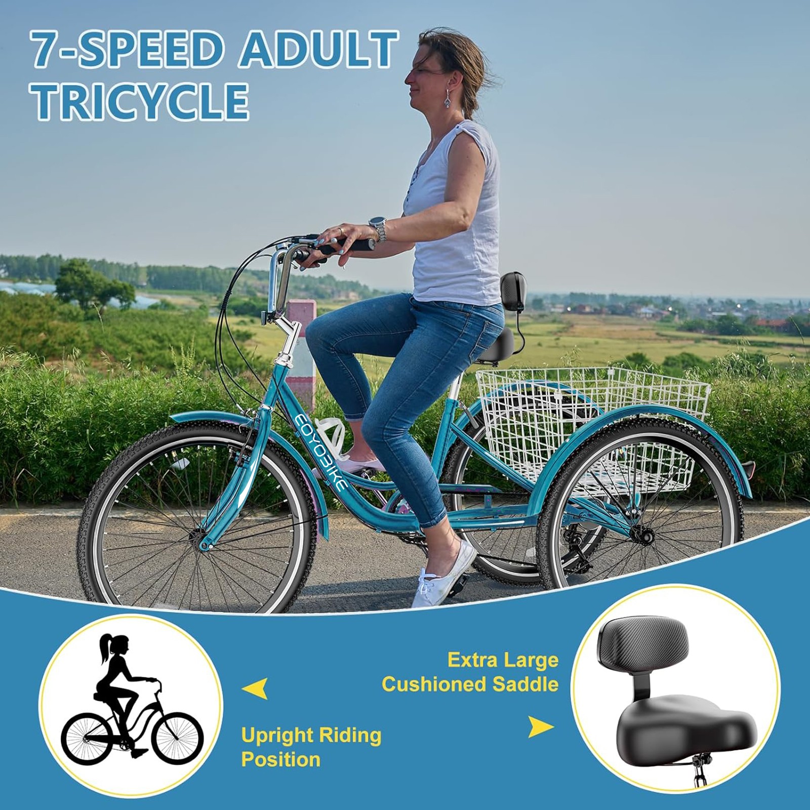 MOONCOOL Adult 26" Tricycle 7 Speed 3 Wheels Bicycle Trike  w/ Basket&Backrest