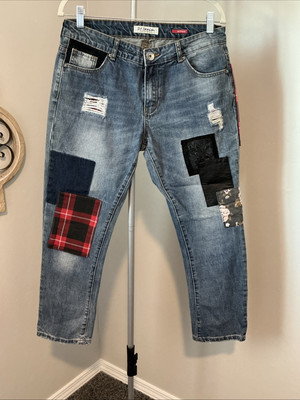 Boyfriend Patchwork Quilt Jeans Sz 28 Relaxed Taper Ankle SH Denim Collection