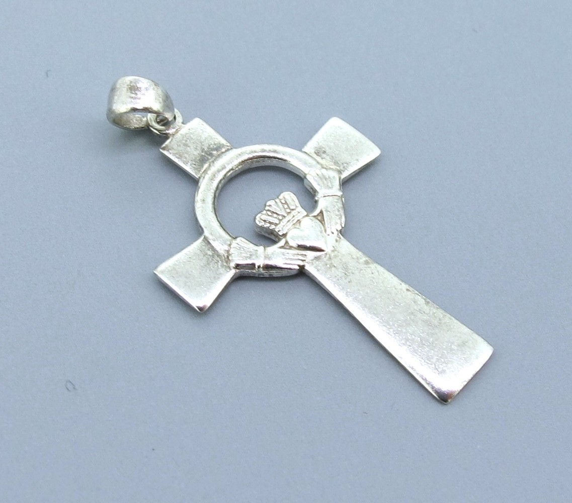 Vintage IRISH Claddagh Cross Sterling Silver Pendant