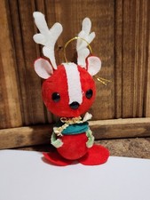 Vtg Red Flocked Reindeer Ornament  5" X 2 1/4" Used