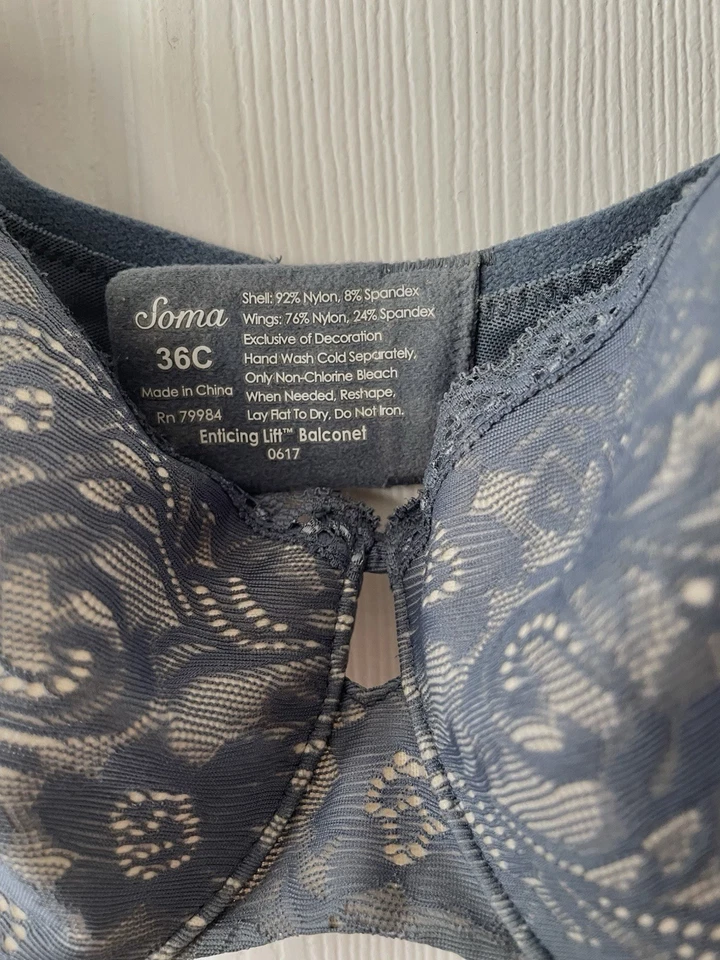 Soma Bra Size 36C Enticing Lift Balconette Blue Lace Underwire EUC - Image 3 of 4