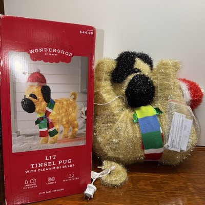 NEW in Box Wondershop 23  Tinsel Pug Christmas LED Incandescent Light Up Decor